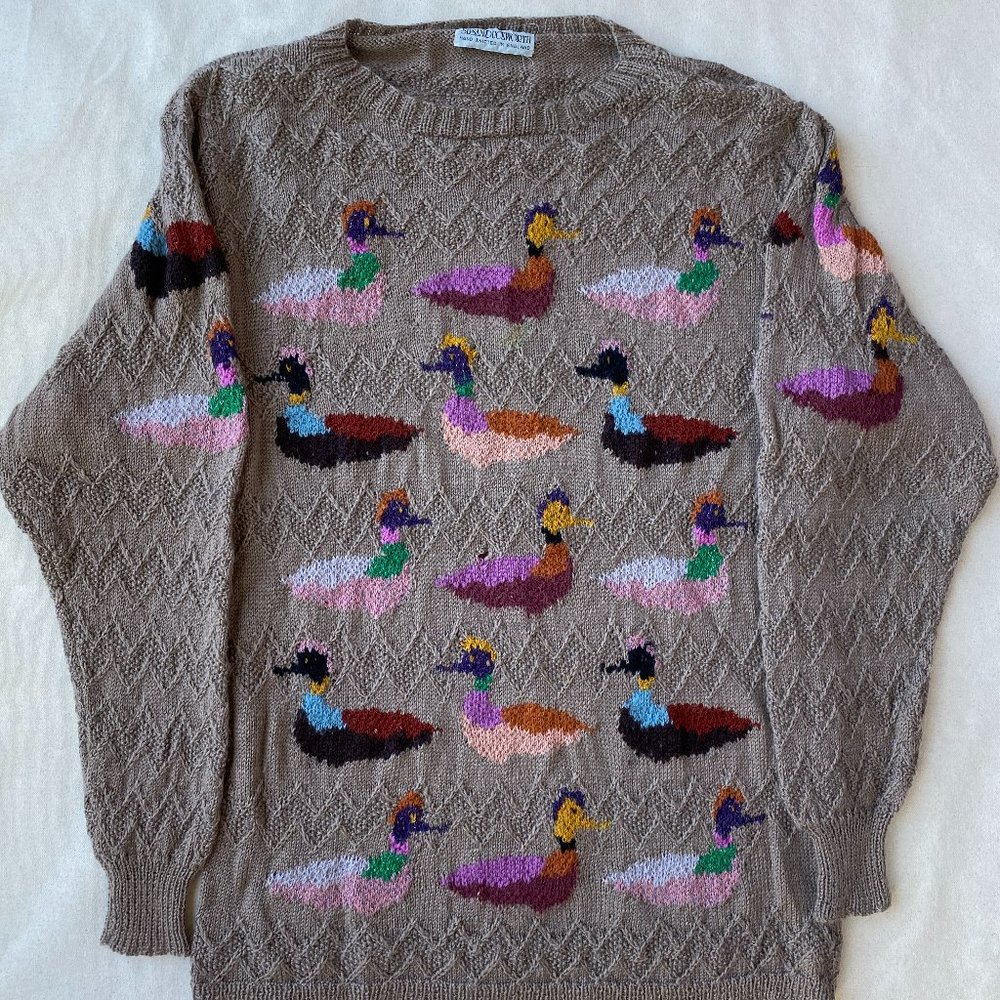 Susan Duckworth Vintage Fisherman's Sweater Tan with Multi-Color Ducks Size M